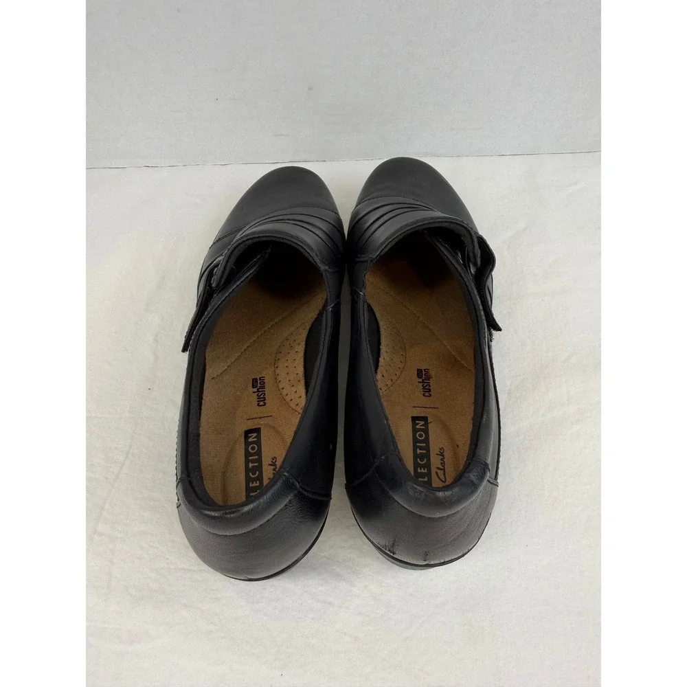 Clarks Collection Black Leather Pleated Hook Loop Strap Loafers Womens 8.5‎ M